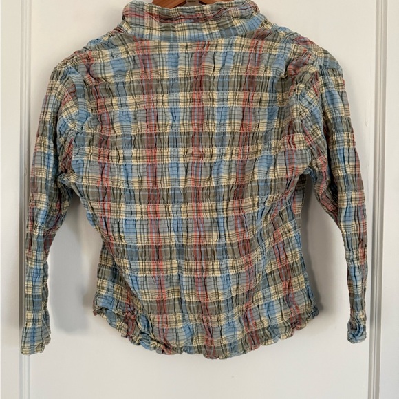 Plaid Lightweight Ruffled Button-Front Shirt - Pastel Multi - Picture 2 of 4